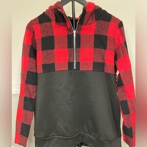 Women's Red Black Plaid Pullover Hoodie Knit Sweatshirt Size S